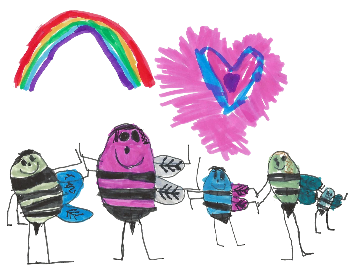 Gemalte Mückenfamilie unter Regenbogen und Herz