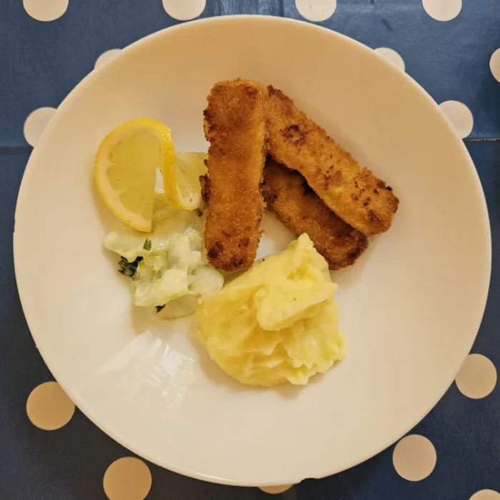 Teller mit Fischstäbchen, Kartoffelpüree und Gurkensalat
